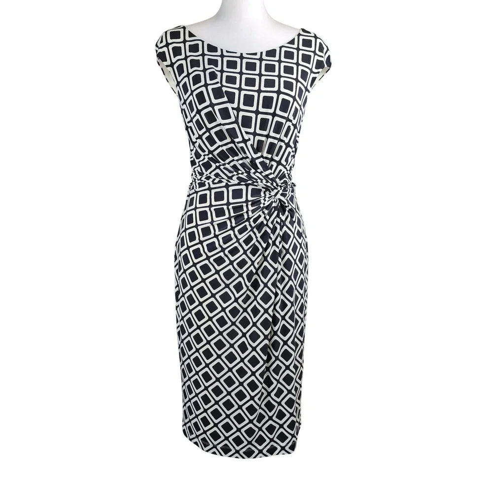 Lauren Ralph Lauren Twist Front Dress Womens 6 Black White Geometric Office Work